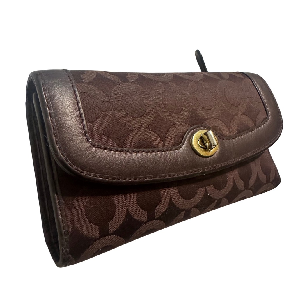 Coach Wallet Womens Brown Signature Jacquard Turnlock Trifold Zip Organizer